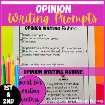 Opinion Writing Prompts- Task Cards, Transitional Phrases Chart, Rubric ...