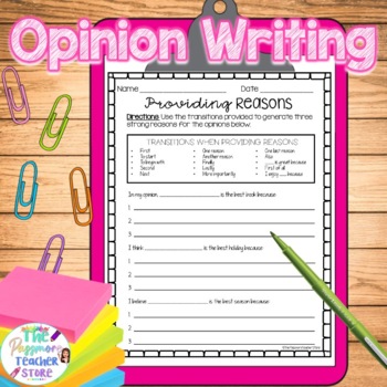 Preview of Opinion Writing Providing Reasons Worksheet | Transitions