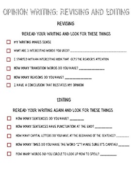 Preview of Opinion Writing Revising and Editing Checklist