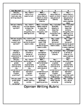 Opinion Writing Rubric by Adventures with Mrs DeMarco | TPT