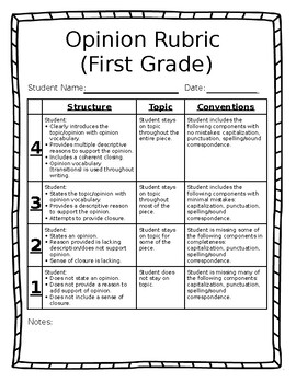 Preview of Opinion Writing Rubric - First Grade