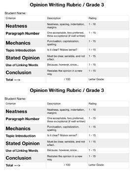 Preview of Opinion Writing Rubric Grade 3