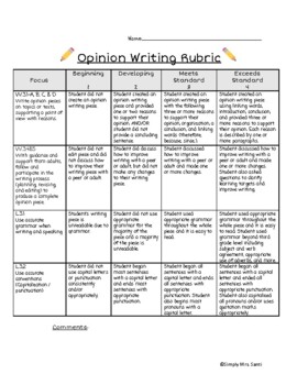 Preview of Opinion Writing Rubric- Third Grade