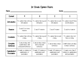 1st grade writing assignment rubric