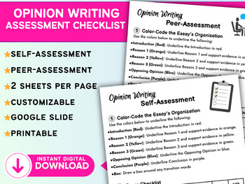 Preview of Opinion Writing Self-Assessment and Peer-Assessment Checklists by MyTeacherGrams