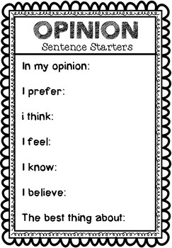 Opinion Writing Sentence Starters by Emily Smith | TPT