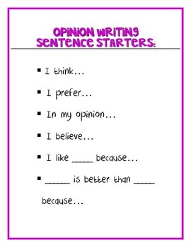 Opinion Writing Sentence Starters & Graphic Organizer by ReadySetCoteach
