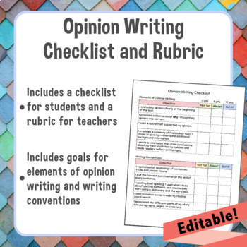 Preview of Opinion Writing Student Checklist & Teacher Rubric *Editable*