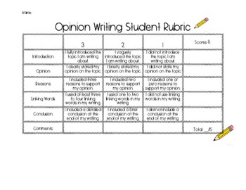 Preview of Opinion Writing - Student Rubric!