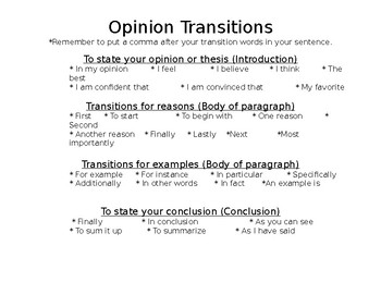 Preview of Opinion Writing Transition Words/Phrases