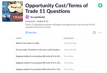 Preview of Opportunity Cost/Terms of Trade 11 Questions Plickers/Exit Ticket