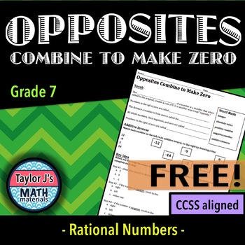 Opposites Bine To Make Zero Worksheet Taylor J S Math Materials