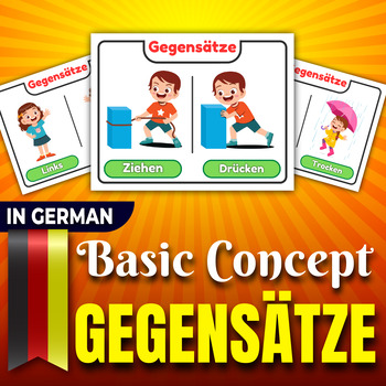Preview of Opposites Task Cards in German, Basic Concepts, Cute flashCards, Gegensätze