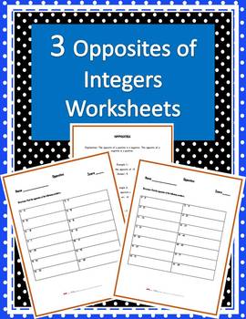 Preview of Opposites of Integers Worksheets (Three Worksheets w/ Answer Keys)