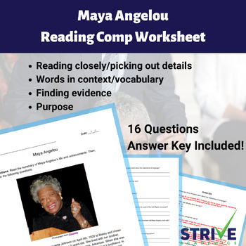 Preview of Maya Angelou Reading Comprehension and Black History Worksheet