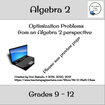 Preview of Optimization Problem from an Algebra 2/Precalculus perspective