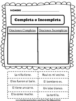 Preview of Oraciones Completas e Incompletas (10 páginas) -Complete & Incomplete Sentences