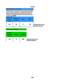 Preview of Oral Reading Fluency Calculator and Data Collection Charts