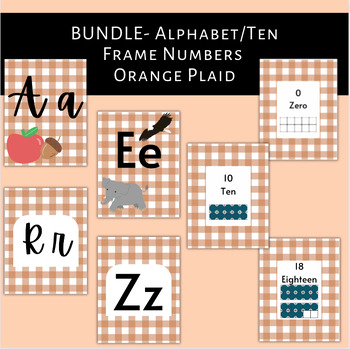 Preview of Orange Plaid Theme Alphabet and Ten Frame Number Posters BUNDLE