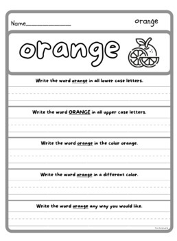 Orange & Yellow 20 Sight Word Color Word Printable Worksheets BUNDLE!