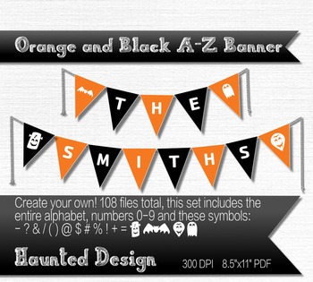 Preview of Orange and Black A-Z, numbers, symbols PDF Printable Banner