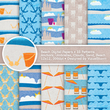 Orange and Blue Beach Digital Paper, 10 Printable Nautical