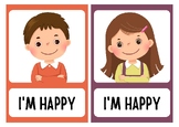 Orange and purple cute feelings and emotions flashcards
