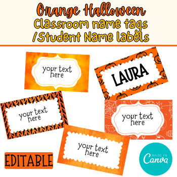 Orange halloween Classroom name tags and Student Name labels | Editable