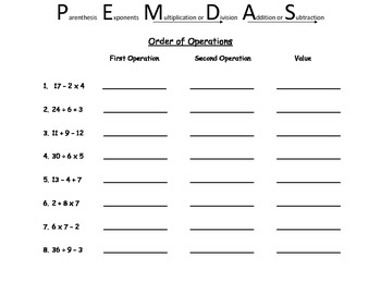 Preview of Order Of Operations worksheet