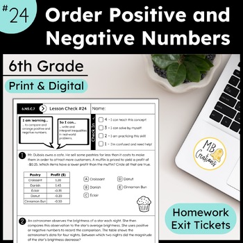 Preview of Order Positive & Negative Number Worksheet L24 6th Grade iReady Math Exit Ticket
