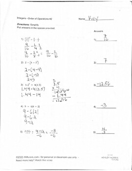 my homework lesson 2 order of operations answer key