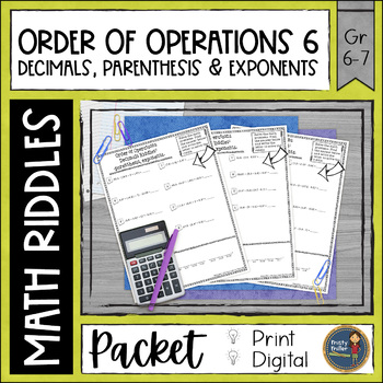 Preview of Order of Operations 6 Decimals with Parenthesis & Exponents Math Riddles