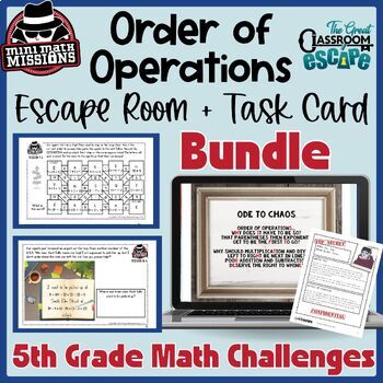 Preview of Order of Operations Activities 5th Grade Math Escape Room & Task Card Bundle