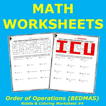 Preview of Order of Operations (BEDMAS) Riddle and Coloring Worksheet #4