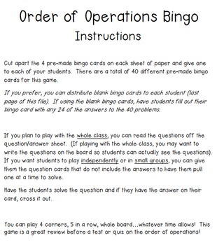 Order Of Operations Math Bingo - Math Review Game By Math In The Middle