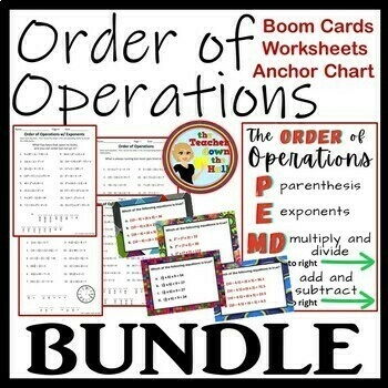 Preview of Order of Operations Bundle Anchor Chart, Worksheets w/ Riddles, and Boom Cards