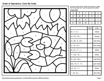 Back to School Color by Code Math Activities: Order of Operations