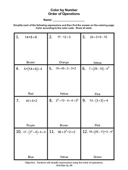 Order Of Operations Color By Number Freebie Distance Learning Tpt
