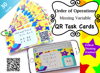 Preview of Order of Operations Critical Thinking Missing Variable QR Task Cards