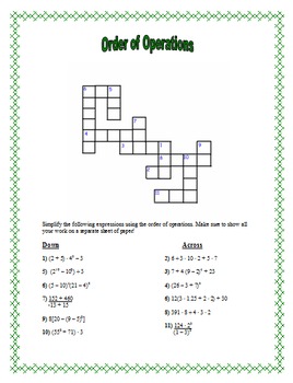 Preview of Order of Operations Crossword Puzzle