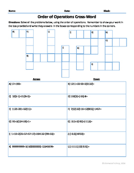 Order of Operations Crossword Puzzle by Sherwood #39 s Shop TpT