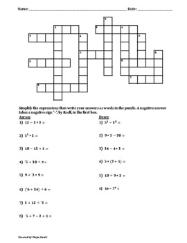 Order of Operations Crossword Puzzle I
