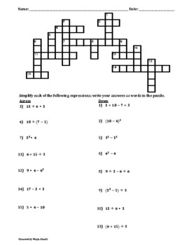 crossword puzzle operations order integers negative ii