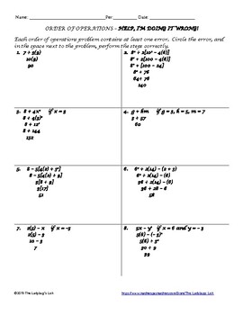 Preview of Order of Operations Error Analysis, Using Formulas Algebra First Day, Sub Plans