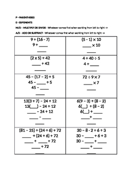 Preview of Order of Operations Fill in the Blanks Worksheet