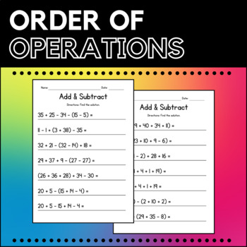 Preview of Order of Operations (Five Numbers) Worksheets - Add & Subtract - No Prep