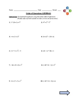 Preview of Order of Operations (GEMDAS) Worksheet (English/Spanish)
