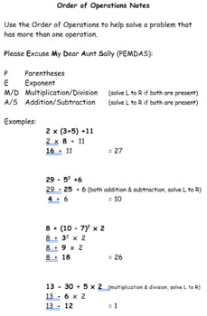 Preview of Order of Operations, Integer, Expressions and One Step Equation Notes