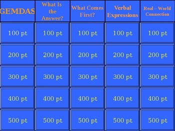 Preview of Order of Operations Jeopardy
