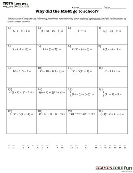 order of operations joke worksheet by common core fun tpt